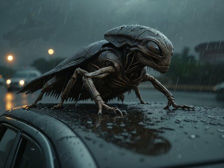 award winning photo, 

3d, night,

a mysterious carapace, alien and threatening, remnants of wings, glittering, malevolent, lying in wait, deadly, fearless, sitting on the roof of a car in the rain,