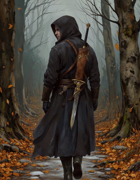 A dark fantasy theme. A digital illustration shoot from behind about a mysterious figure in a dark hooded cloak walking through a forest, carrying a large sword. the image also shows a shadowy figure in the middle of the image, who appears to be a male, with a long, dark cloak draped over his shoulders and a sword strapped to his back. he is walking on a path covered in autumn leaves, surrounded by a dense forest with trees and a misty atmosphere. the figure is wearing black boots and has a serious expression on their face. on the back of the figure, there is a large, ornate sword with a golden hilt and a leather sheath. the style is realistic with a fantasy element.
