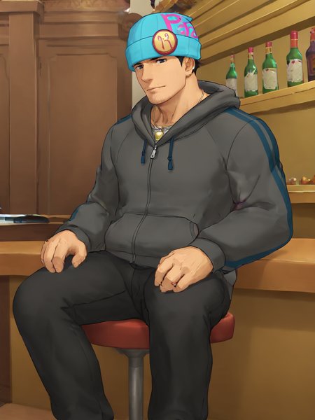score_9, score_8_up, score_7_up, masterpiece, hires, 4k, best quality, amazing quality, best aesthetic, absurdres, ((official art, game screencap)),
NSFW, 1boy, solo male, full body, manly, bara, handsome, mature male,
<lora:Phoenix_Wright_Ace_Attorney_4:0.8> h0b0nick, black hair, black eyes, facial hair, stubble, hoodie, beanie,
bar, dim lighting, piano, sitting, feet out of frame, stool,
