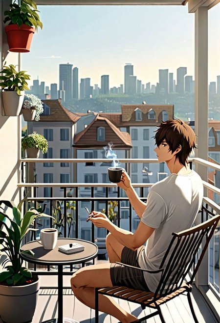 Highres, Masterpiece, High Quality, 4K, 8K, solo, 1Boy, Seiya Kanie, short dark brown hair, golden eyes, home balcony, city view, small table, balcony chair, houseplants, fresh air, morning, breeze, soft sunlight, calm, peaceful, holding a cigarette, cup of coffee, v-neck t-shirt, shorts, relaxing, enjoying moment, ashtray, coffee cup, easynegative, detailed_eye_model