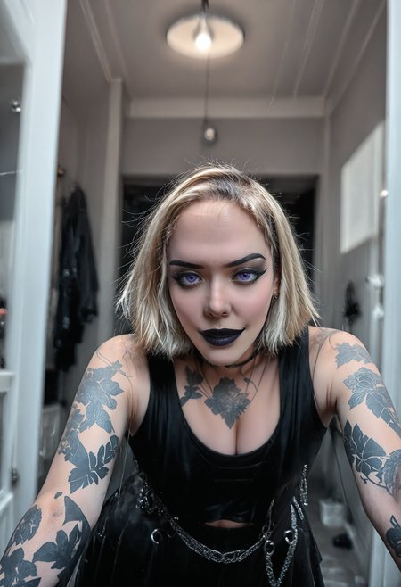 <lora:Thicc_Goth_Gf:1>photo  thicc goth gf, tattooed thick gothic woman, 1girl, purple eyes, Dirty blonde hair, subsurface scathering, depth of field, skin pores, detailed skin, masterpiece, best quality, newest, absurdres, highres, feeling, impact, very awa, dim lighting, sidelighting, skindentation, amazing quality, scenery, very aesthetic, newest, volumetric lighting, blending, <lora:add-detail-xl:1> <lora:cfg_scale_boost:1> <lora:sdxl_enhance:1> <lora:spo_sdxl_10ep_4k-data_lora_webui:1>