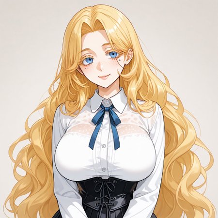 1 girl, european woman, thin waist, excessive freckles, natural large saggy breasts, cute smile from ear to ear, narrow clavicles, fair skin, mole under eye, skirt, shirt, long sleeves, ribbon, school uniform, white shirt, collared shirt, black skirt, neck ribbon, blue ribbon, corset, mimimi utsukushisugi, long hair, bangs, blue eyes, blonde hair, very long hair, parted bangs, hair intakes, colored eyelashes, mature female