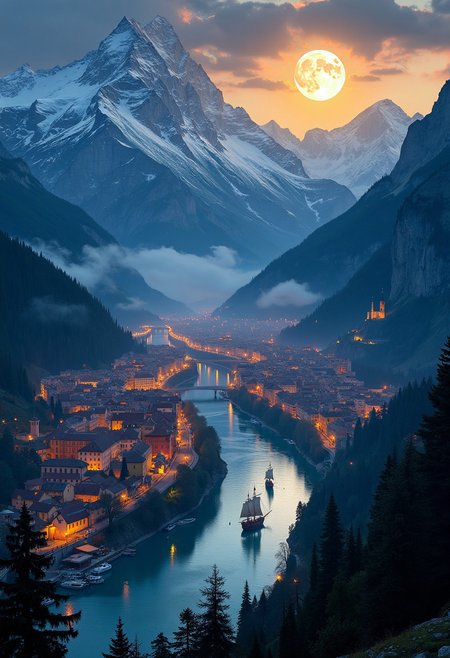 ((best quality:2)), ((masterpiece:2)), (detailed:2), (High quality:2),(high resolution:2).
large mountain range, with snow-capped peaks, lots of trees, with a long, wide river running in the middle of the valley, a medieval-style city lit by candles, at night, with a large port and galleons sailing, seen from the sky, and a full moon.