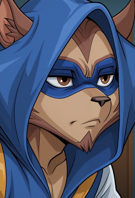 masterpiece,best quality,amazing quality, 1boy, solo, r10ch1, racoon boy, hood up, brown fur, brown eyes, blue eye mask, jumpsuit, close up, side angle,