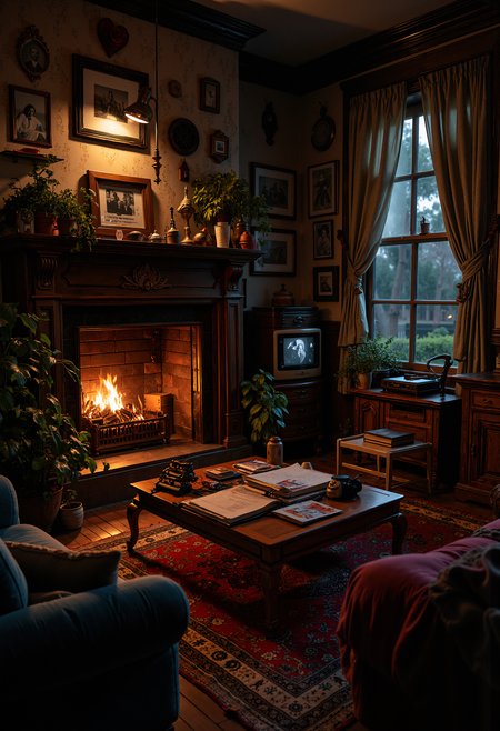 A cozy living room, dimly lit by the warm glow of a fireplace. The room is filled with vintage furniture and soft, worn-out fabrics. A small TV with wood paneling stands in the corner, playing a black-and-white movie. On a coffee table sits an old rotary phone and a collection of worn-out family photo albums. The walls are adorned with faded, framed photographs from decades past, and an old record player spins a nostalgic tune. The atmosphere feels peaceful and full of memories, evoking a deep sense of longing for a simpler time.   <lora:FluxMythP0rtr4itStyle:0.8> MythP0rt, <lora:aidmaImageUpgrader-FLUX-V0.1:0.33> detailmaximizer, <lora:ARTifacts:0.66>  <lora:Sinfully_Stylish_.02_for_FLUX-000002:0.4>