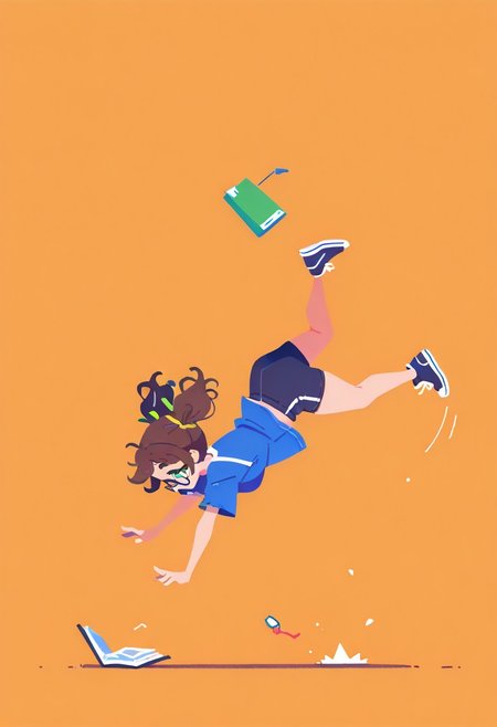 Masterpiece, high quality, ultra-detail, 8K resolution, sharp focus, 2d, (flat color, no lineart, Flatline, Flat vector illustration),
1 cute girl, tripping forward, faceplant, motion lines, dropping, side view,  chubby girl,  glasses, green eyes, dark brown hair, no bangs, pigtails, wavy hair, full body,