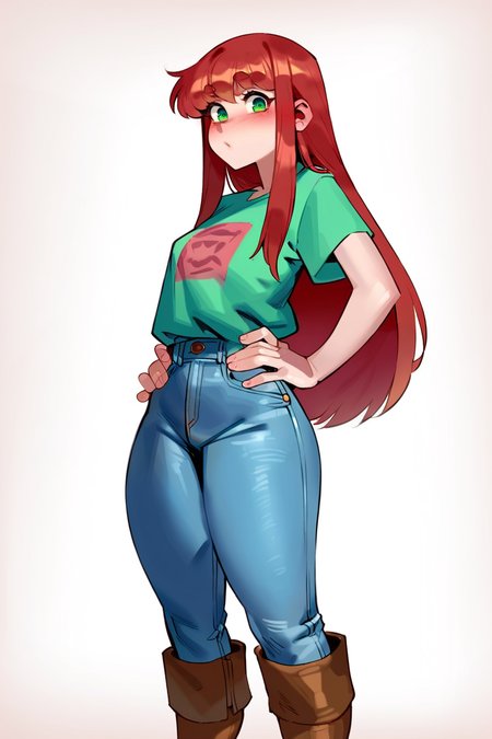 <lora:Kairuhentai:1>, score_9, score_8_up, score_7_up, score_6_up, score_5_up, rating_questionable, source cartoon
1girl, pretty face, pretty eyes, detailed eyes, HD eyes, thick thighs
hands on hips, standing, cowboy shot
looking at viewer, blush, eyebrows, long hair, red hair, green eyes
jeans, green t-shirt, boots, high waisted jeans
simple background, white background