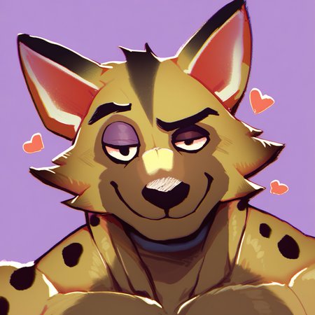 score_9, score_8_up, score_8, furry, Kyle, hyena, cartoon style, 2d, muscular male, upper body focus, face close up, solo, looking at viewer, smile, half closed eyes, one eyebrow raised, hearts, purple background