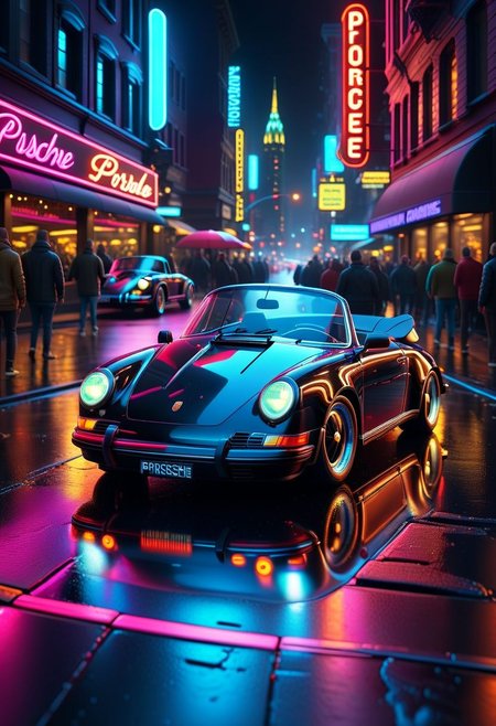 ispzxll, diorama, isometric, miniature, volumetric lighting style, intricate details, wide angle, all-black  porsche convertible car, wet pavement, crowded busy city street, nightclubl scene, neon signs, reflective surfaces, glossy, 8k