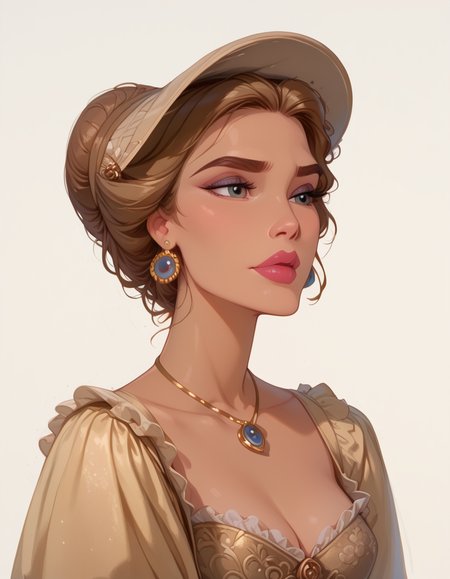 <lora:Disney_Style:.9> <lora:princess_xl_v2:.75> <lora:add-detail-xl:.9> <lora:g0th1cPXL:.3> <lora:Cherry-Gig:.45> <lora:Expressive_H:1> <lora:PLASTT_PonyV6:1> <lora:Elizabeth_Swann_ZairaSass_v1:0.8> score_9, score_8_up, score_7_up, zPDXL, DisneyRenstyle, score_9,score_8_up,score_7_up,score_6_up, 
(white background, plain background, ambient light), (standing, 3/4 view), 
1girl, solo, sexy 18 year old, british girl, (Elizabeth Swann, Port Royal), perfect face, beautiful face, defined cheekbones, defined jawline, light brown hair, big updo, large hairbun, thick dark eyebrows, dark brown eyes, dark lashes, thin lips, nude colored lips,  
confident expression, narrow eyes, one hand on hip, perfect hands, 5 fingers, slender waist, 
Victorian dress with white frills, bonnet hat, earrings, necklace,