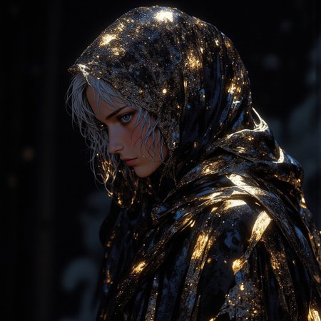 a young woman is standing alone against a gloomy backdrop. She has silver hair and silver eyes. She is draped with a cloak made of patterns from a shimmering starry night sky. The stars are white and gold. Her face is in focus but shadowed by her cloak. The cloak is the only thing illuminating the scene, and it gets darker the further away it is. Her fair skin contrasts softly against the glittering cloak, and her expression is introspective, with slightly parted lips adding a touch of sensuality. The cloak catches the ambient light, scattering it into a dazzling display of shimmering reflections, resembling a star-studded night sky. The dim, ambient lighting enhances the intimate, moody atmosphere, casting gentle shadows that sculpt the contours of her face and body, emphasizing her serene yet enigmatic presence. The composition blends softness and glamour, fusing intimate elegance with a hint of otherworldly magic.