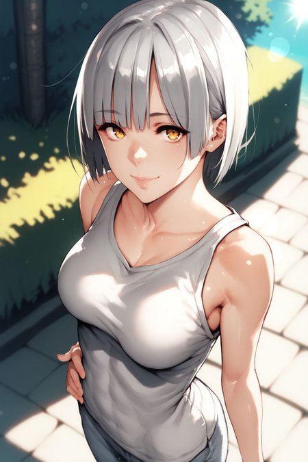 score_9, score_8_up, score_7_up, 1girl, cheeky smile, looking at viewer, hands_on_hip, dark grey hair, asymmetrical_fringe, bangs, golden eyes, breasts, silver clothes, outdoors, from above, lens flare <lora:napata_PonyXL_style_v01:1>