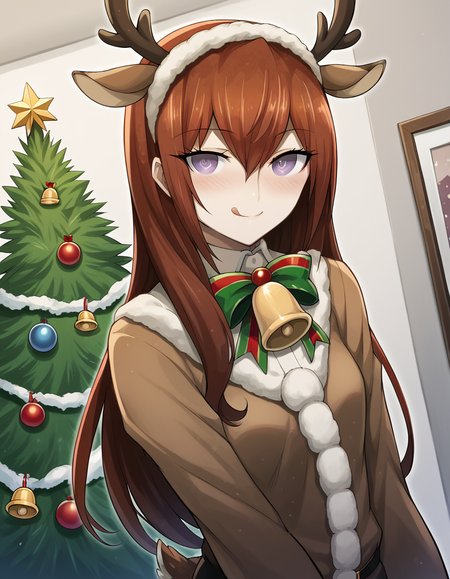 score_9, score_8_up, score_7_up, source_anime, <lora:kurisu-makise-ingame-ponyxl-lora-nochekaiser:1>, kurisu makise, hair between eyes, hair over shoulder, long hair, purple eyes, red hair, straight hair, mature female, small breasts,, <lora:reindeer-costume-ponyxl-lora-nochekaiser:1>, reindeer costume, animal costume, reindeer antlers, antlers, fake antlers, reindeer hood, christmas, red nose, deer ears, deer tail, christmas tree, bell, horns, reindeer,, blush, smile, tongue out, looking at viewer,, , dutch angle, cowboy shot