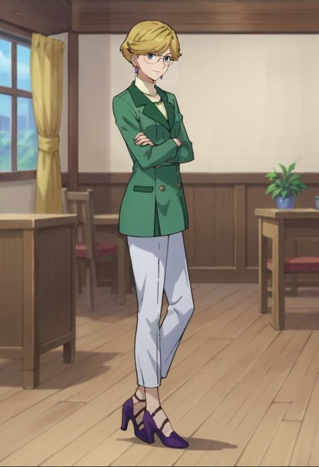 score_9,score_8_up,score_7_up,score_6_up,score_5_up,score_4_up,source_anime,<lora:Mrs._Halevy_Gundam_00_Pony:0.7>,mrshalevy,1girl,solo,blue eyes,blonde hair,short hair,glasses,jewelry,earrings,green jacket,white pants,purple footwear,high heels,smile,standing,crossed_arms,indoors,room,looking at viewer,