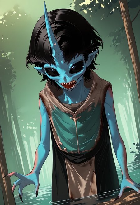 ((Alien humanoid)),
((Alien species)), solo, androgynous, aquatic features 
blue skin, ((webbed hands)):1.3,
((No nose)):1.3, ((nostrils only, nostril slits, vertical nasal slits, narrow nostrils)):1.5, ((narrow eyes)), ((black sclera, black irises)), smooth skin,  pointy ears, small ears, tiny ears, holes in skin, forehead horn, short horn, veiny horn, ((single horn)):1.0, ((4 fingers)), fingernails, thin lips, ((black hair)), ((short hair, spiky hair)), sharp teeth, digitigrade legs, bent legs,
Distant shot
ragged clothes, muddy clothes, loincloth, tunic, dirty
Medieval style, fantasy style,
((Variety)):1.2
((dutch angle, 3/4 view))
river background
fully clothed, loose clothing, clean lines, smooth colors, detailed fingers, sfw, source: realistic, rating: pg, score: 8 up, score: 9