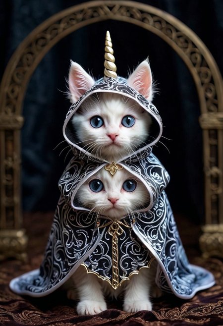 Let's delve into the realm of dark whimsy with a unique creation—a unicorn kitten draped in an eerie reaper costume. Imagine a tiny, fluffy kitten with a shimmering white coat, delicate pastel-colored horn protruding from its forehead, and bright, curious eyes peering out from beneath a hooded reaper cloak. The cloak, a deep, midnight black, billows around the kitten, its fabric adorned with intricate, ghostly patterns that glimmer in the dim light. The kitten's tiny paws extend from the cloak, each one tipped with tiny, gleaming claws that reflect a faint, ethereal glow. A sense of mystery and intrigue surrounds this tiny creature as it gazes up at you with a mix of innocence and otherworldly wisdom, a juxtaposition of the adorable and the eerie blending seamlessly in this captivating portrayal.