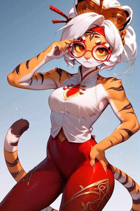 Score_9, Score_8_up, Score_7_up, Score_6_up source_furry, 
1girl, red glasses, hair ornament, solo, red headband, white hair, sleeveless shirt, red leggings, red eyes, yellow sclera, bare shoulders, tiger, furry, tiger ears, female_tiger, furry female, bare arms, <lora:purah-pdxl-nvwls-v1:1> <lora:Anthro_Tiger_Lora_for_Pony:0.5>