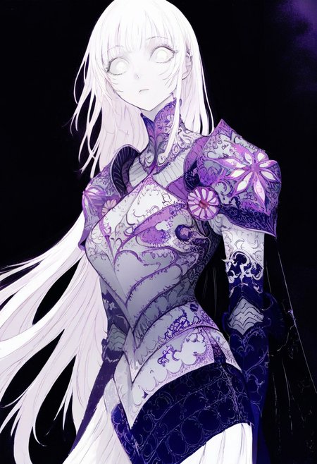 solo, looking at viewer, white eyes, plain black background, 1woman, solo, long white hair, pale white skin, purple and blue armor, masterpiece, best quality, aesthetic, absurdres
 <lora:monfornoob:0.95>