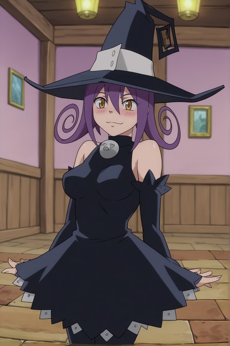 score_9, score_8_up, score_7_up,anime_source, source_anime, best background, detailed background, anime screencap,  Blair, Witch Outfit, dancing, cowboy shot, blush, indoors, dynamic angle, dynamic camera, <lora:JN_Blair_Soul_Eater:0.8>