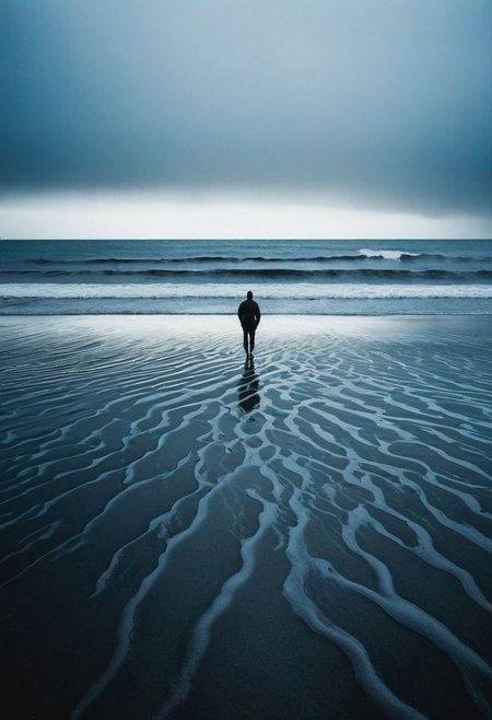 In a cinematic masterpiece, a lone figure stands at a distance on a black beach, the blue hues of the water waves contrasting starkly against the dark sand. The composition is perfectly framed, capturing the vastness of the scene with the person serving as a focal point against the serene backdrop. This cinematic shot exudes a sense of tranquility and introspection, inviting viewers to immerse themselves in the beauty of the natural world.