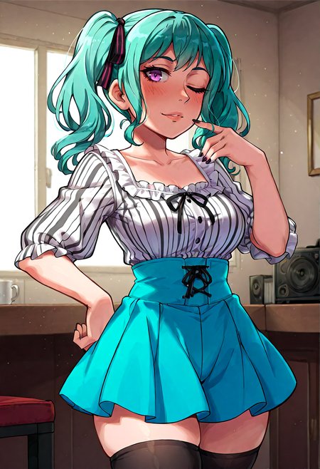 IllustriousQual, <lora:StS-Illustrious-Detail-Slider-v1.0:2> <lora:cfg_scale_boost:0.3> <lora:StS_Age_Slider_Illustrious_v1:3>,detailed_background,indoors,bang dream!,closed mouth,nail polish,solo,hatsune miku,red nails,hand up,frills,yuutenji nyamu,collarbone,official art,doroshii,thighhighs,purple eyes,vocaloid,high heels,plaid bow,aqua hair,looking at viewer,striped shirt,1girl,amoris \(bang dream!\),twintails,hair bow,shorts,white gloves,one eye closed,no mask,frilled dress
