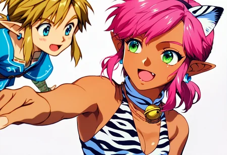 score_9, score_8_up, score_7_up, score_6_up, Masterpiece, source_anime screenshot, duo, 1 girl, 1 boy, vivid colors, full color, shiny and glossy, anime style, high-res, beautiful aesthetic, very intricate, high-quality details, vibrant, highly detailed, award-winning, professional, <lora:pink-ponyxl-v2:1>, 1 girl, single fang showing, sleeveless dress, white tiger print dress, pelvic curtain, cleavage, white cat ears, cat bell necklace, bright pink hair, tanned, white tiger tail, red sash, small breasts, leather shoes, detailed eyes, green eyes, detailed face, break, <lora:link:1> 1boy, link1, link, pointy ears, blonde hair, blue eyes, medium hair, side locks, earrings, short ponytail, blue hylian tunic, break, pink and link turning away from viewer, looking away from viewer, pointing and laughing at something behind them, mocking laughter, blank white background, zoom out, pink and link backs to the viewer