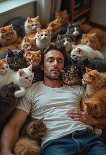 A photo of a man laying on a sofa, he is swamped by a hoard of different type of cats