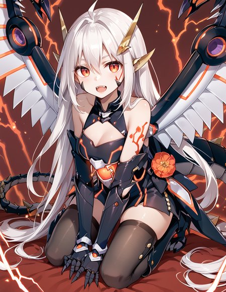 (score_9:0.9),score_8_up,score_7_up,rating_safe,(zPDXL3),
<lora:Cyber Dragon Infinity ponyXL v1.12:0.8>,
 cyber dragon infinity, 1girl, solo, open mouth, white hair, long hair, horns, personification, thighhighs, looking at viewer, bare shoulders, fangs, mecha girl, red lightning, black elbow gloves, kneeling, tattoo, facial tattoo, breastplate, mecha wings