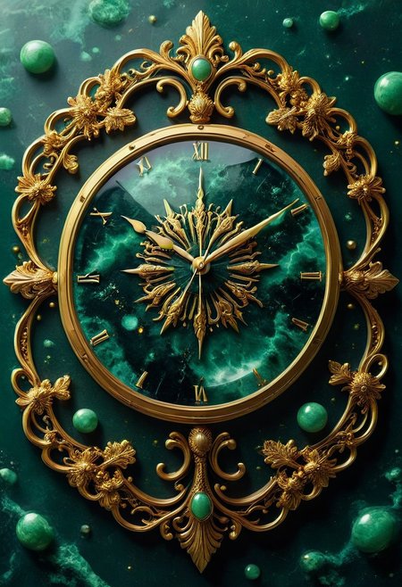 made from jade and obsidian, jade, obsidian,score_9, score_8_up, score_7_up, expensive looking, clock, golden clockhandsб golden metal pattern (mtlartCE_style)