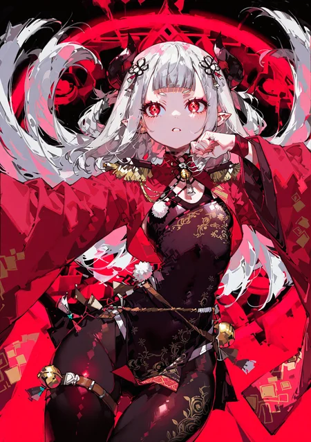 best quality, masterpiece, amazing quality, very aesthetic, very awa, absurdres, newest,
shiny skin glowing
1girl solo focus  breasts, dynamic pose, dynamic angle,
<lora:nhl-001:0.4>, nhl-001,<lora:ponyv4_noob1_2_adamW:0.33>, <lora:96YOTTEA-WAI:0.6>,<lora:yoneyamaiXLNBVP1lokrV6311PZ:0.6>,
optical illusion, ssambatea, quasarcake, Fishine, arutera, soresaki, reoen, sanbonzakura, askzy, negative space, see-through ,made of,  tiny neon glass filaments, neon light, detailed background, hand out frame,
nijinaraka,flat chest,red eyes,diamond-shaped pupils,symbol pupils,short eyebrows,grey hair,white hair,pointy ears,demon horns,long hair,hair rings,blunt bangs,hair ornament,
nijinarakacos,black dress,print dress,leotard under clothes,pelvic curtain,red shrug\(clothing\),red jacket,crop top jacket,epaulettes,red sleeves,saggy sleeves,print sleeves,long sleeves,wide sleeves,ornament around waist,thigh band,jingle bell,black pantyhose,print pantyhose,
 <lora:niji-naraka-v2:0.9>