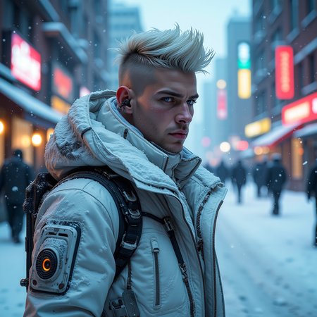 Frostpunk style, frostpunk style gaunt  youngMoxie male (covered in snow, frost, and/or icicles), old with silver blonde asymmetrical undercut hair with shave sides, mechanical_eyes, wearing a frosty white insulated jumpsuit, futuristic snow boots, bionic eye, set in  a frozen city center where the wind whispers through broken windows, carrying with it the echoes of the past. , at dusk,,  <lora:flux_trainer/frostPunk_v1.1.safetensors:1.0>,  <lora:scifi/moxiePunk_v3D.safetensors:1.0>, .  Icy, futuristic aesthetic incorporating frozen elements, augmented mechanical technology, neon-lit snow-covered cityscapes.