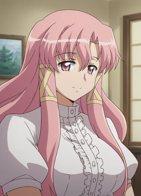 <lora:Cattleya-Zero_no_Tsukaima:0.85>,cattleya,1girl,solo,pink hair,long hair,pink eyes,hair ribbon,breasts,shirt,upper body, looking at viewer, smile,indoors,