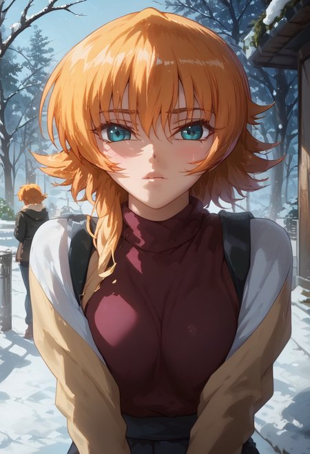 score_9, score_8_up, score_7_up, score_6_up, score_5_up, score_4_up, masterpiece, perfect face, perfect eyes, 4ng3l face, beutiful girl, 1girl, looking at viewer, shy expression, large parka, tasasgi, igawa sakura, orange hair, blue eyes,
Walking in snowy park,