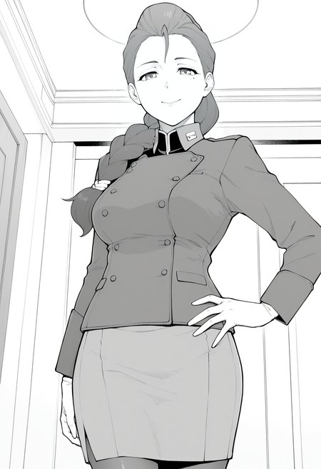1girl,solo,mm,mature female,mole under eye,braid,braided ponytail,hair over shoulder,greyscale, monochrome, 
uniform,military uniform,skirt,pantyhose,hand on own hip, looking at viewer, smile,indoors
,masterpiece,best quality,amazing quality,<lora:Frederica_Herme-Gundam_Valpurgis:0.8>
