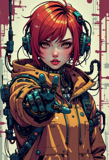 A digital artwork in the style of cknc, A beutiful cyborg woman with pixie bob auburn hair wearing a Coffee Brown hoodie reaching for the viewer, exposed cyborg parts, exposed wires, electric sparks, bold lines and bright colors