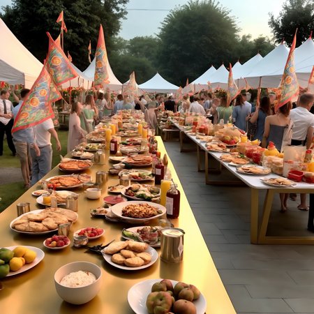 A large outdoor buffet scene, with tables laden with delicious food, snacks, flags, and adorned with hanging lanterns. The setting could be a festive gathering, garden party, or outdoor celebration, with guests mingling and enjoying the feast. The scene should be as realistic as a high-resolution photograph, with warm and inviting lighting that highlights the abundance of food and the decorative elements, creating a joyful and welcoming atmosphere,<lora:buybuy3:0.75>, BestQuality / (extremely detailed CG unity 8k wallpaper), best quality, masterpiece , hdr, best quality, ultra highres