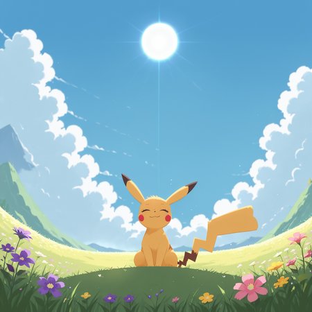 (masterpiece),(best quality),(ultra-detailed), very aesthetic, artist:, {prompt}, masterpiece, best quality, good quality, newest, very awa, absurdres, highres, pikachu, solo, smile, closed mouth, sitting, full body, closed eyes, flower, outdoors, sky, day, cloud, blurry, blue sky, toes, pokemon \(creature\), no humans, :3, from below, grass, pink flower, blurry foreground, yellow flower, purple flower, sun, on grass, u u,