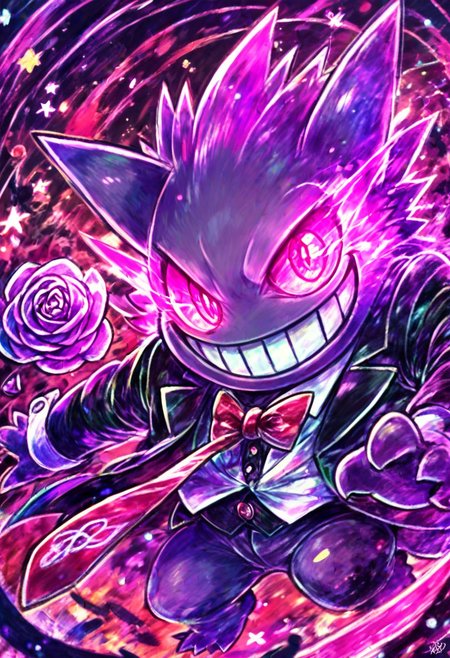 score_9, score_8_up, score_8,
gengar, no humans, gengar, :d, creatures (company), game freak, gen 1 pokemon, glowing, glowing eyes, kaosu (kaosu0905), nintendo, no humans, open mouth, pink eyes, pokemon, pokemon (creature), smile, solo, teeth, tuxedo, formal clothes, tie, rose,