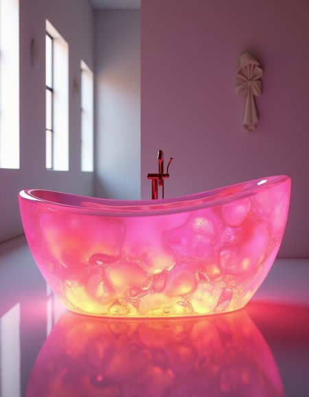 Ultra contemporary modernist 'glowing pink and gold bathtub', made of iridescent colored crystal, minimalist background with large windows, dramatic lighting from behind, hyper realistic details, ultra high resolution rendering --ar 51:64, beautiful shadows, detailed textures, detailed scene, ultra detailed, best quality, 4K, hyperdetailed image, realistic skin texture, photorealistic image, ray tracing<lora:add-detail-xl:1> <lora:Flux-style-xl-lora:1> <lora:extremely_detailed:1> <lora:xl_more_art-full_v1:1>  <lora:ElvenInterior:1>