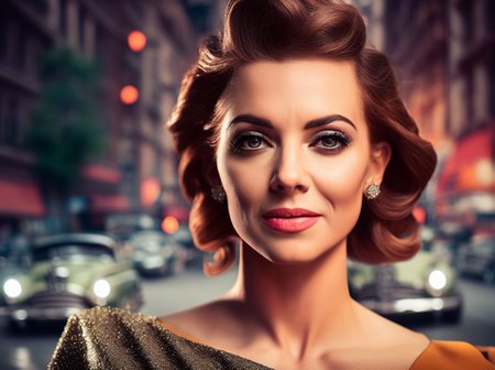 Portrait of a happy beautiful woman, retrofutur5-400, in a new york city street, with trees and cars,  god rays, dust particles, volumetric lighting, 10mm, perfect composition, depth of field, sharp focus, centered