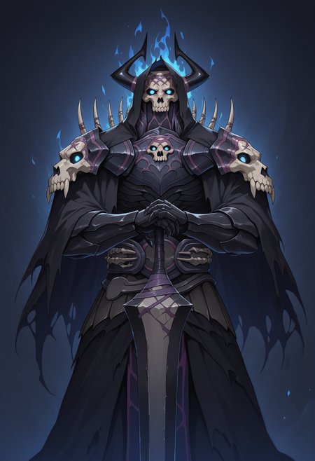 solo, 1 boy, male focus, king hassan, mask, horns, blue eyes, glowing eyes, no pupils, hood, cloak, robe, armor, holding sword, abstract background, multicolored background, particle, dynamic, blue fire,
perfect anatomy, masterpiece, perfect quality, best quality, detailed, newest, very aesthetic  <lora:KingHassan_FateGrandOrder_V1_ILXL:0.9000000000000001>