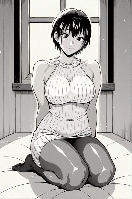score_9, score_8_up, score_7_up, monochrome, manga_source, best background, detailed background, manga, grayscale  Kaguya, Sexy Sweater Outfit, smug, full body, indoors, <lora:JN_Shizuku_Kaguya:0.8>