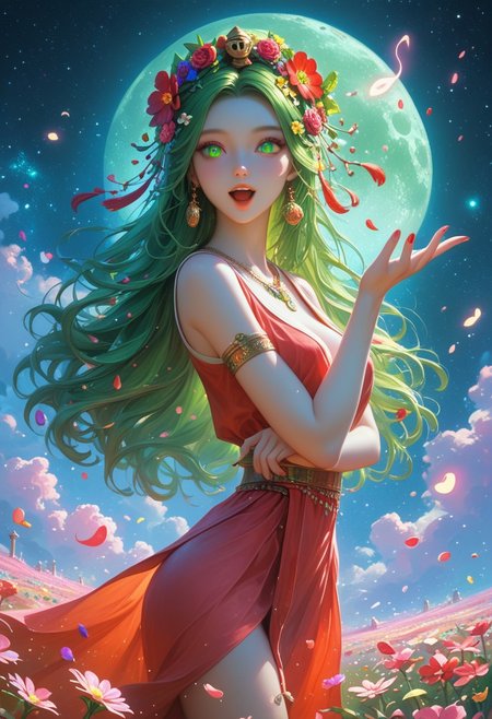 score_9, score_8_up, score_8_up,  female, hight quality, best art, detailed , good quality, rendered details. Adorable.  Hight resolution. perfect.  Slim figure, estetic, Erotic Girl,  long hairs, flower on head, ((ancient jewellery)), ((tatooed left part face)), ((diferent eyes: left eye blind and right eye is luminous red)), ((singing)), ((She Cast black magic spheres)), ((mgic shadow form round girl)), ((Ghosts figures fly over)), (( flower field)) ((Black Space air style, Giant  light green moon and behind  red planet, bring stars shine))