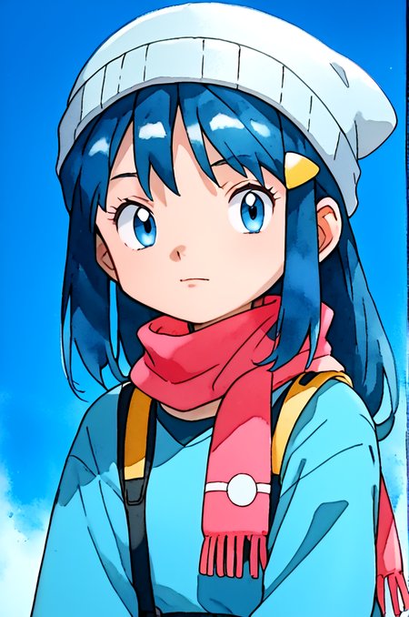 Score_9, score_8_up, score_7_up, score_6_up, score_5_up 1girl, 1girl, blue hair, scarf, hat, beanie, blue eyes, hairclip white headwear, ken sugimori, watercolor \(medium\)
 <lora:KenSugimoriPony:0.6> <lora:pokemon-dawn-anime-ponyxl-lora-nochekaiser:1>