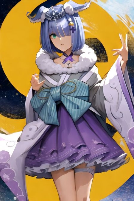 solo, 1girl, solo_focus, (((masterpiece))), ((best quality)), ((ultra-detailed)), high resolution, absurdres, highres, ultra-detailed 8k unity wallpaper, 
elira2st, tiara, japanese clothes, grey kimono, wide sleeves, single thighhigh, purple skirt, off shoulder, necklace, fur trim, thigh strap, tabi, sandals, purple nails