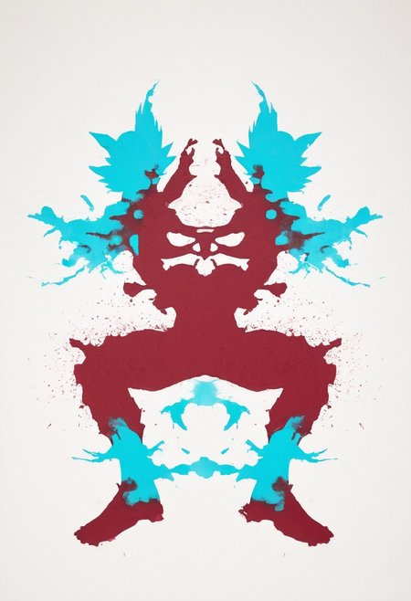 A rorschach-test resembling laughing son Goku, dark red and turquoise white translucent ink splashes,