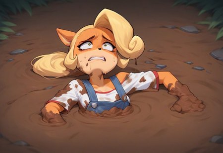 score_9, score_8_up, score_7_up, score_6_up, score_5_up, score_4_up,  coco bandicoot, (((sinking into cracked clay mud,  orange mud, orange quicksand))),, hud_quiks4nd, quicksand, dirty, dirty clothes,  in a arid canyon, canyon region, ,(((sinking fetish art))), source_furry, anime, toon (style), 1girl, solo, cute bandicoot girl, small breasts,, bangs, ponytail, ,long hair, one shoulder overalls, white shirt, scared, sweating, outdoors, sky, Expressiveh