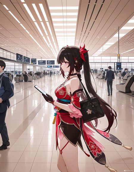 <lora:midis_Airport_V0.51[IL]:1>, airport, sparkle \(honkai: star rail\),, masterpiece,best quality, very aesthetic,absurdres,newest,