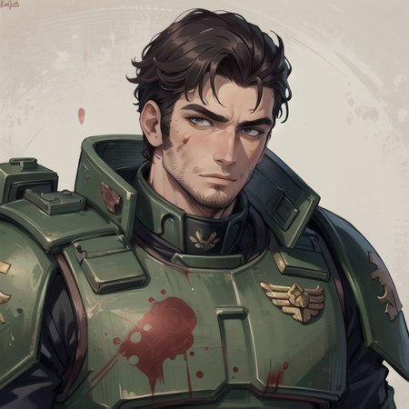 ((masterpiece)), (best quality), (detailed), handsome man, bara, muscular,portrait,soft smile, <lora:warhammer 40k imperial guardsman:1>40k imperial guardsman,blood,stubble,bark background,warzone, fires,solo,