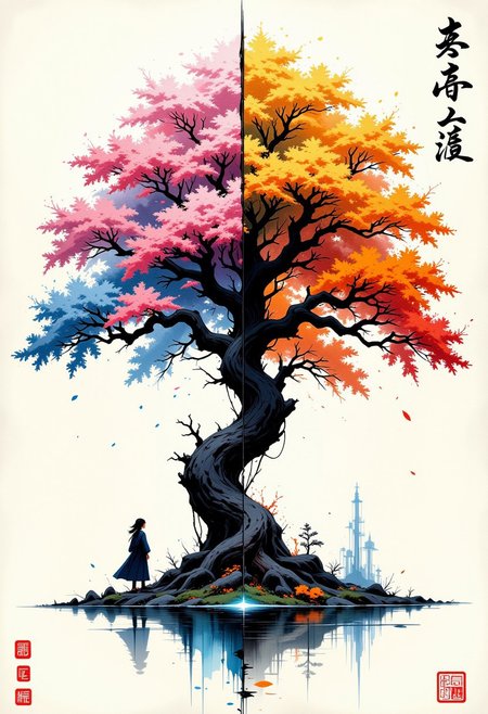 Poetic sumi-e of a single majestic tree whose foliage is very huge. The whole picture is split into four equal quadrant and the foliage of the splits into four according to the quadrant , each representing a different season.
Upper Left (Spring): The branches burst with ethereal pink cherry blossoms, glowing with a soft rose light and scattering delicate petals in a misty, pearl-colored sky.
Upper Right (Summer): Verdant branches flourish with rich green leaves and small golden fruits, 
Lower Left (Autumn): Branches adorned with brilliant orange and gold leaves that seem to catch fire, 
Lower Right (Winter): Crystalline branches covered in luminous ice-blue frost patterns, with a ethereal blue-white glow 
The tree should appear as one unified organism at its base, with its trunk seamlessly dividing into these four seasonal aspects. .An asymmetrical composition guides the eye through bold brush strokes and intricate detailing, where the interplay of shadow and light brings the vessel to life. Minimal red seal marks anchor the lower corner, harmonized by calligraphic kanji that convey the transient nature of existence. The scattered ship elements embrace deliberate imperfections, celebrating wabi-sabi principles—some defined by a single masterful brushstroke, others shaped through a textured dry-brush technique. Subtle indigo undertones suggest twilight dissolving into evening, encapsulating the melancholic beauty of nature’s shifting moments through the profound lens of yugen.